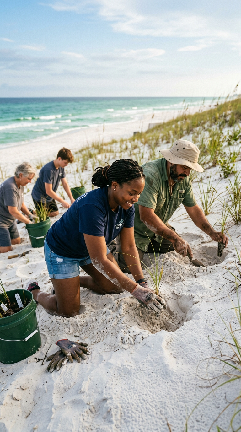Community volunteers planting sea oats on a coastal dune