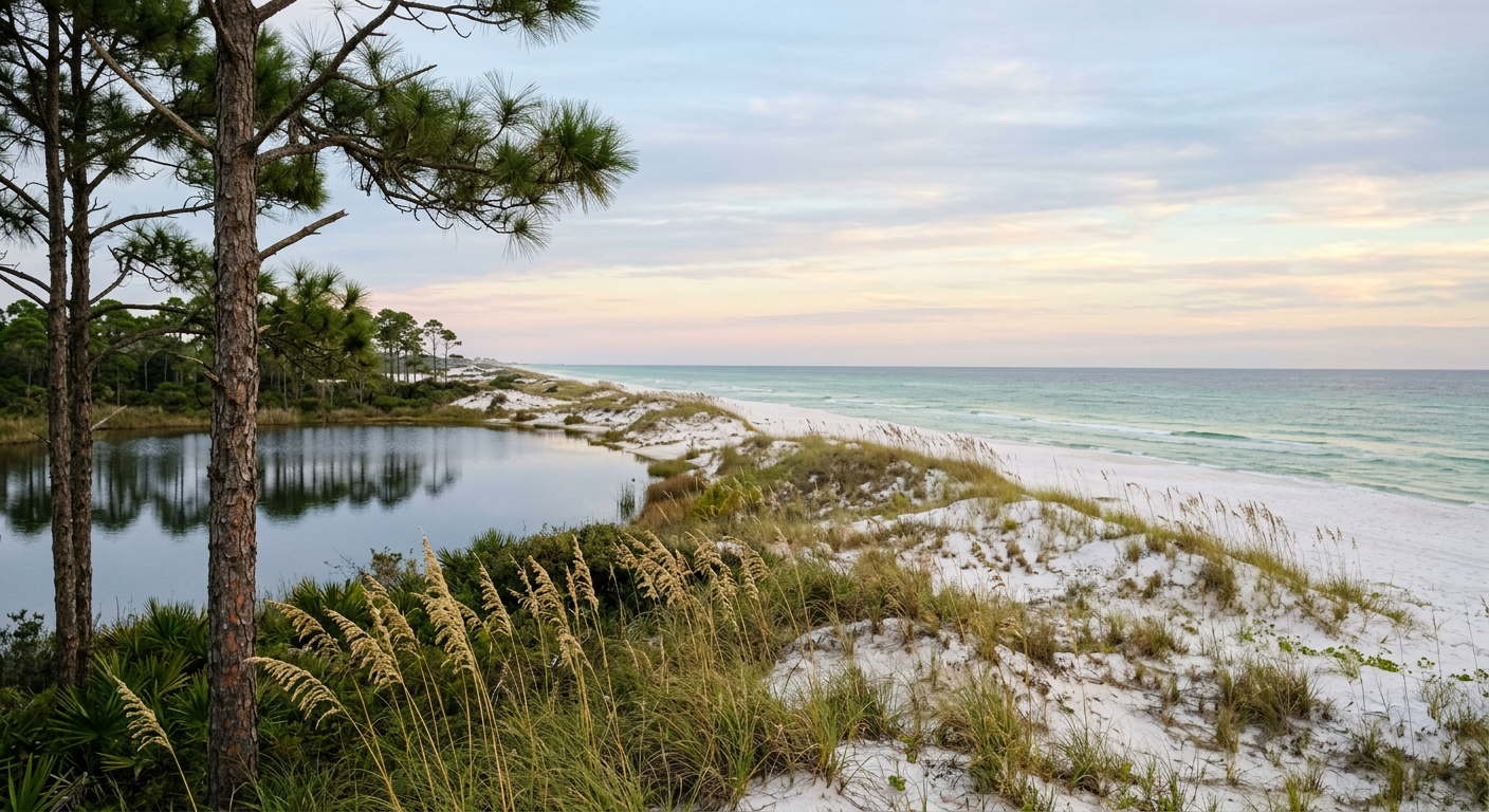 Coastal dune lake framed by longleaf pines and sea oats near Santa Rosa Beach, Florida